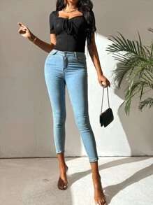 SHEIN Tall Sweetheart Neck Knot Front Tee - Black - View 5