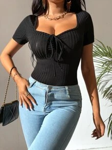 SHEIN Tall Sweetheart Neck Knot Front Tee - Black - View 6