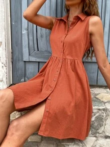 SHEIN Unity Sleeveless Button Through Shirt Dress - Burnt Orange - View 4