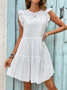 SHEIN Holidaya Vestido con bordado con ojal de manga mariposa bajo con fruncido - Blanco - Ver 5