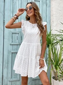 SHEIN Holidaya Vestido con bordado con ojal de manga mariposa bajo con fruncido - Blanco - Ver 6