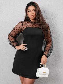 Đầm Plus Size Tương phản Mesh Dây kéo Chấm bi Thanh lịch - màu đen - Xem 3