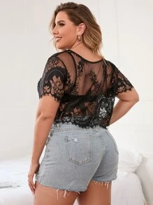 Celure Plus Sheer Lace Crop Top Without Bra - Black - View 2