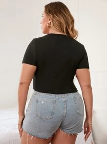 SHEIN Franclia Áo thun Plus size Thắt nơ trước màu trơn Giải trí - màu đen - Xem 2