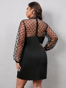 Đầm Plus Size Tương phản Mesh Dây kéo Chấm bi Thanh lịch - màu đen - Xem 2