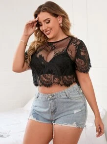 Celure Plus Sheer Lace Crop Top Without Bra - Black - View 4