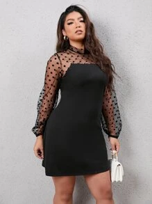 Đầm Plus Size Tương phản Mesh Dây kéo Chấm bi Thanh lịch - màu đen - Xem 1