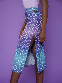 SHEINNeu 漸層錦緞圖案腰部鏤空高衩半身裙 - 彩色 - 查看 3