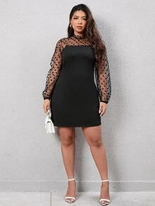Đầm Plus Size Tương phản Mesh Dây kéo Chấm bi Thanh lịch - màu đen - Xem 4