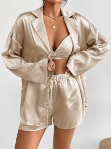 Lapel Collar Button Front Drop Shoulder Satin Blouse & Shorts & Bra - Apricot - View 1