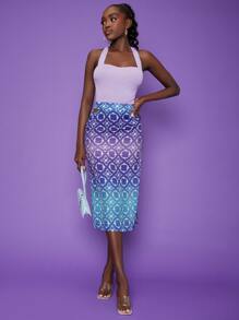 SHEINNeu 漸層錦緞圖案腰部鏤空高衩半身裙 - 彩色 - 查看 5