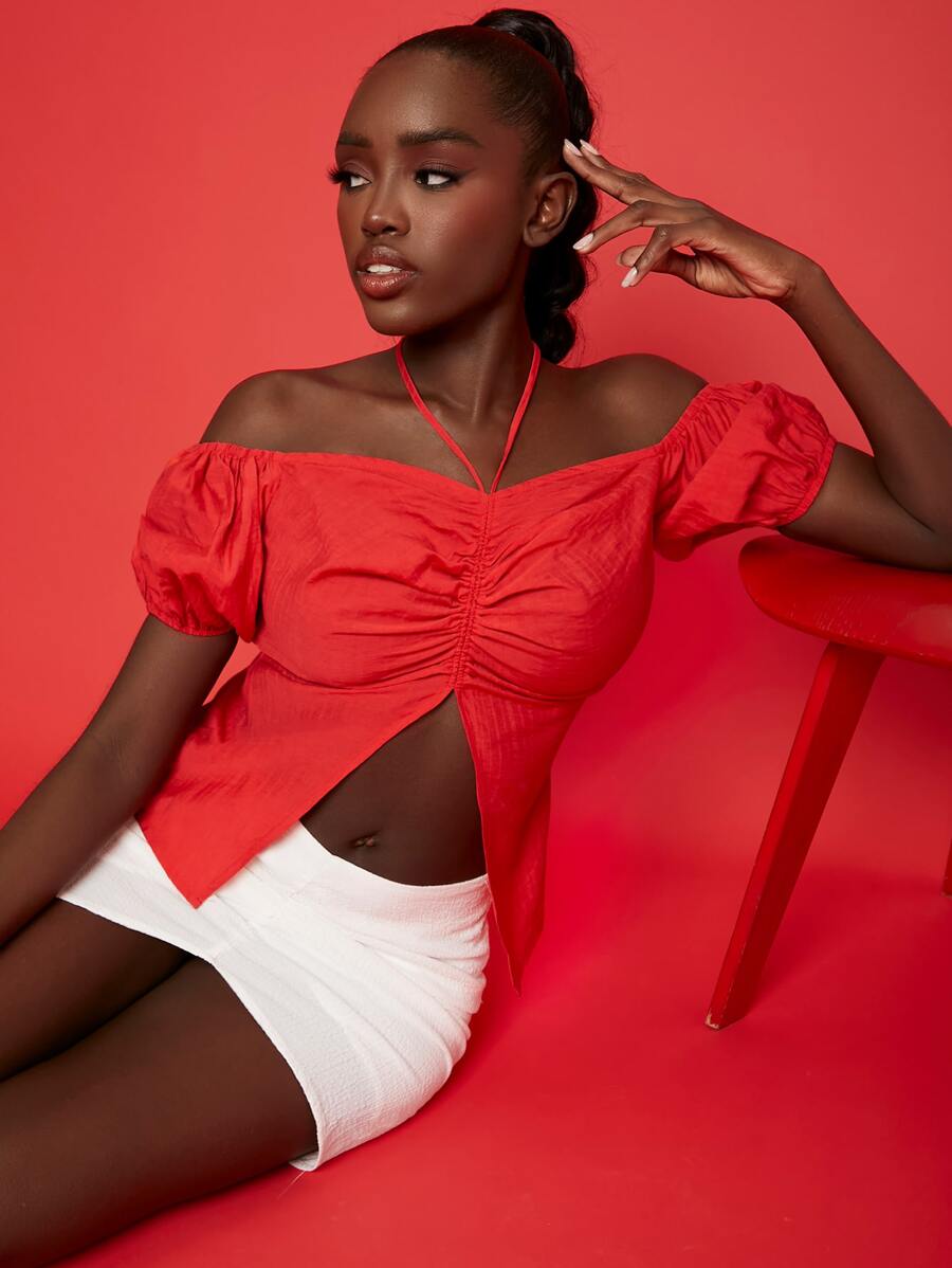 SHEINNeu Drawstring Tie Back Split Hem Blouse - Red - View 1