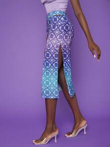 SHEINNeu 漸層錦緞圖案腰部鏤空高衩半身裙 - 彩色 - 查看 6