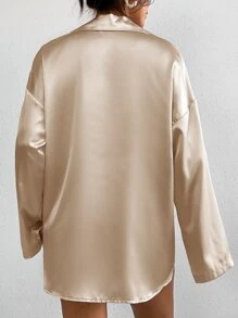 Lapel Collar Button Front Drop Shoulder Satin Blouse & Shorts & Bra - Apricot - View 2