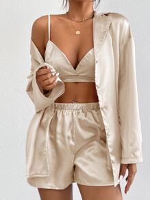 Lapel Collar Button Front Drop Shoulder Satin Blouse & Shorts & Bra - Apricot - View 4
