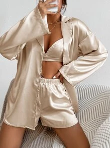 Lapel Collar Button Front Drop Shoulder Satin Blouse & Shorts & Bra - Apricot - View 7