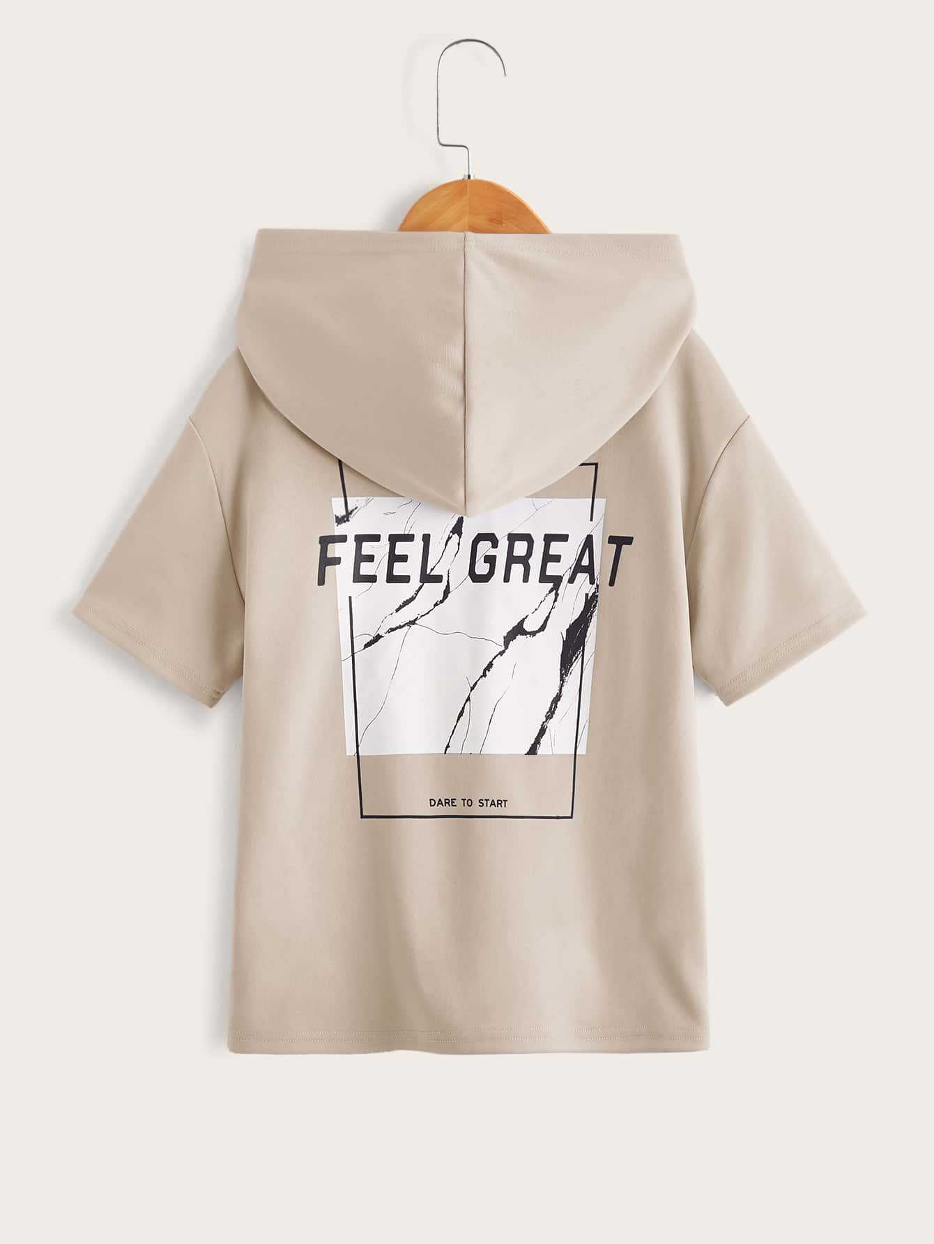 SHEIN 男孩標語和大理石圖案連帽衫 - 卡其色 - 查看 1