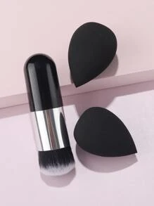 1pc Foundation Brush Makeup Brush Kabuki Brush Travel Powder Brush For Blending Liquid, Cream Or Powder Cosmetics & 2pcs Makeup Blender Sponge,Brush Set,Makeup Brush Kit,Make Up Brush Set,Make Up Set Complete,Makeup Brush Set,Complete Makeup Kit,Brush Kit,Brushes Makeup Set,Makeup Gift Set,Set - Black - View 1