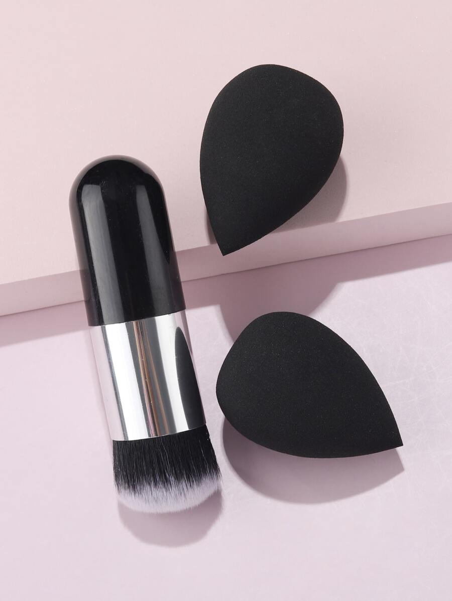 1pc Foundation Brush Makeup Brush Kabuki Brush Travel Powder Brush For Blending Liquid, Cream Or Powder Cosmetics & 2pcs Makeup Blender Sponge,Brush Set,Makeup Brush Kit,Make Up Brush Set,Make Up Set Complete,Makeup Brush Set,Complete Makeup Kit,Brush Kit,Brushes Makeup Set,Makeup Gift Set,Set - Black - View 1