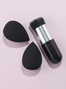 1pc Foundation Brush Makeup Brush Kabuki Brush Travel Powder Brush For Blending Liquid, Cream Or Powder Cosmetics & 2pcs Makeup Blender Sponge,Brush Set,Makeup Brush Kit,Make Up Brush Set,Make Up Set Complete,Makeup Brush Set,Complete Makeup Kit,Brush Kit,Brushes Makeup Set,Makeup Gift Set,Set - Black - View 2