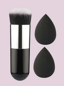 1pc Foundation Brush Makeup Brush Kabuki Brush Travel Powder Brush For Blending Liquid, Cream Or Powder Cosmetics & 2pcs Makeup Blender Sponge,Brush Set,Makeup Brush Kit,Make Up Brush Set,Make Up Set Complete,Makeup Brush Set,Complete Makeup Kit,Brush Kit,Brushes Makeup Set,Makeup Gift Set,Set - Black - View 3