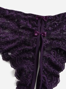 Classic Sexy Plus Floral Lace Bow Decor Crotchless Lingerie Set - Purple - View 4