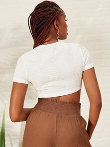 SHEINNeu Áo nữ Dây kéo Thắt nút Xù màu trơn Giải trí - trắng - Xem 2