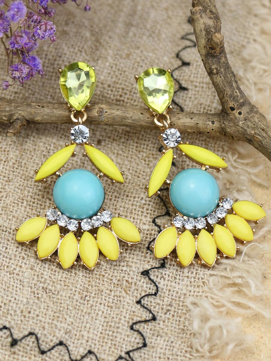 Rhinestone & Turquoise Decor Drop Earrings - Multicolor - View 1