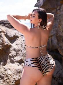 Plus Size Tiger Pattern Halter Bikini Set & Cover Up Pants Summer Beach - Multicolor - View 2