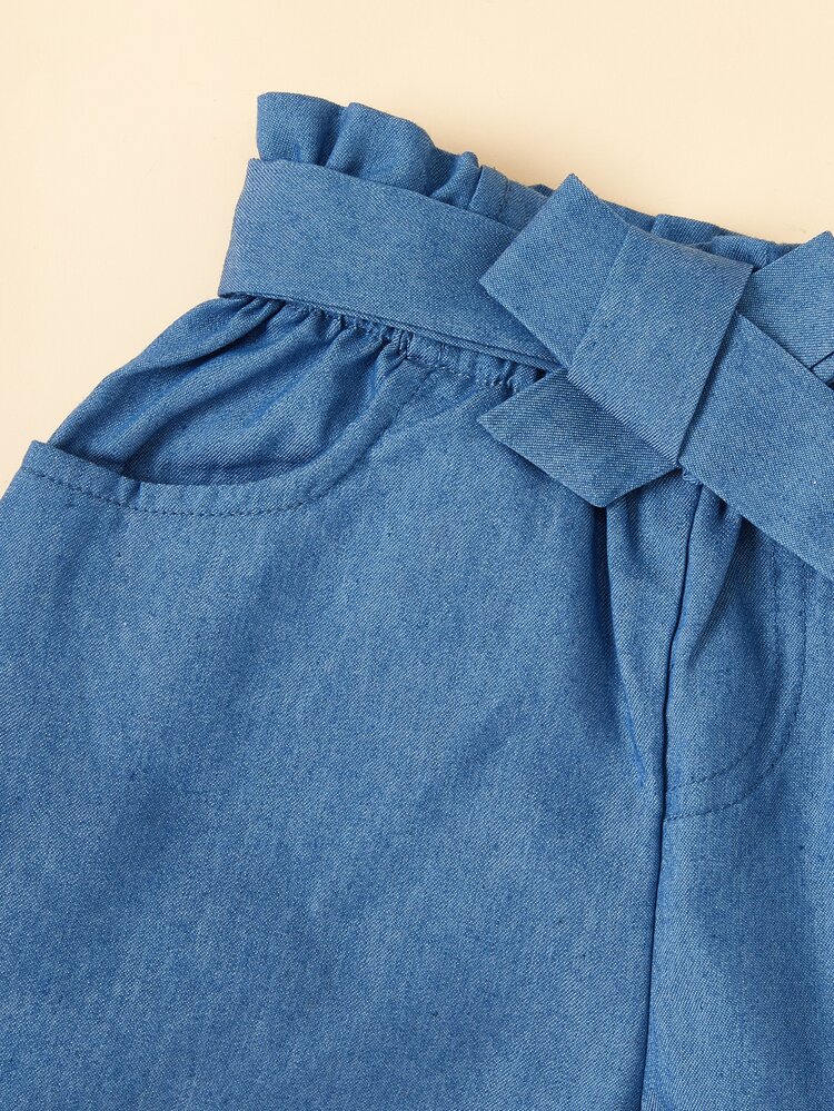 SHEIN 少女假扣荷葉搖搖裝坦克上衣和有腰帶的短褲，夏季款 - 藍白色 - 查看 4