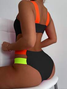 Summer Beach Contrast Neon Strap Cut-Out One Piece Swimsuit Bathing Suit - Black - View 2