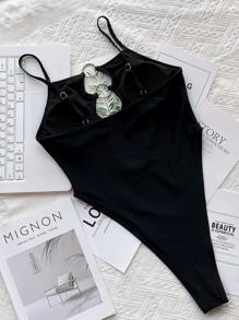 环扣式连体泳衣，适合夏季海滩度假 - 黑色 - 查看 2