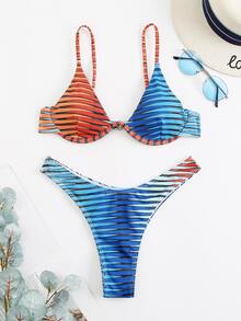 Striped Underwire Bikini For Summer Beach - Multicolor - View 4