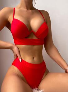 SHEIN Swim Summer Beach Cut-Out Push Up Bikini - Red - View 1