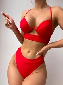 SHEIN Swim Summer Beach Cut-Out Push Up Bikini - Red - View 3