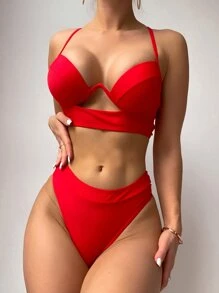 SHEIN Swim Summer Beach Cut-Out Push Up Bikini - Red - View 4