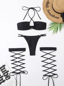SHEIN Swim Summer Beach Plain Halter Ring Linked Bikini With 1pair Leg Ring - Black - View 4