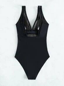 SHEIN Swim Plain Contrast Mesh One Piece Swimsuit,Summer Beach - Black - View 3