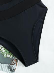 SHEIN Swim Plain Contrast Mesh One Piece Swimsuit,Summer Beach - Black - View 4