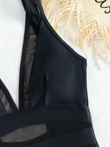 SHEIN Swim Plain Contrast Mesh One Piece Swimsuit,Summer Beach - Black - View 5