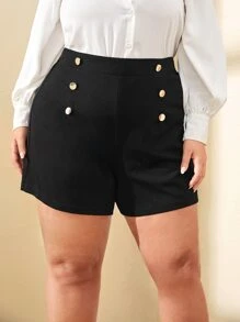 SHEIN Frenchy Plus High Waist Fake Button Shorts - Black - View 1