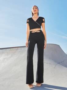 SHEIN Quần nữ Cắt ra Nhẫn Tương phản ràng buộc màu trơn Thanh lịch - màu đen - Xem 1