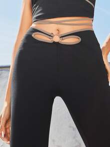 SHEIN Quần nữ Cắt ra Nhẫn Tương phản ràng buộc màu trơn Thanh lịch - màu đen - Xem 4