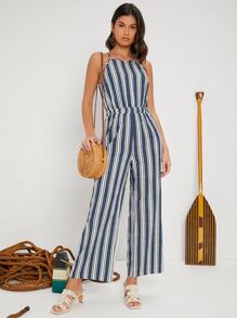 SHEIN 豎條紋後鏤空吊帶連體褲 - 彩色 - 查看 2