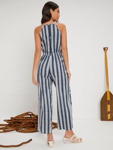 SHEIN 豎條紋後鏤空吊帶連體褲 - 彩色 - 查看 3