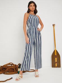 SHEIN 豎條紋後鏤空吊帶連體褲 - 彩色 - 查看 4