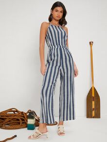 SHEIN 豎條紋後鏤空吊帶連體褲 - 彩色 - 查看 5