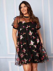SHEIN Clasi Plus Floral Embroidery Ruffle Hem Mesh Dress & Cami Dress - Black - View 1