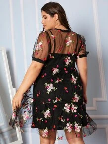 SHEIN Clasi Plus Floral Embroidery Ruffle Hem Mesh Dress & Cami Dress - Black - View 2