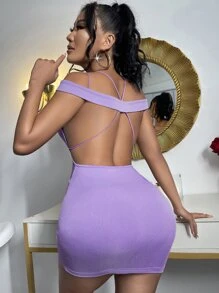 SHEIN SXY Cold Shoulder Backless Bodycon Dress - Purple - View 2